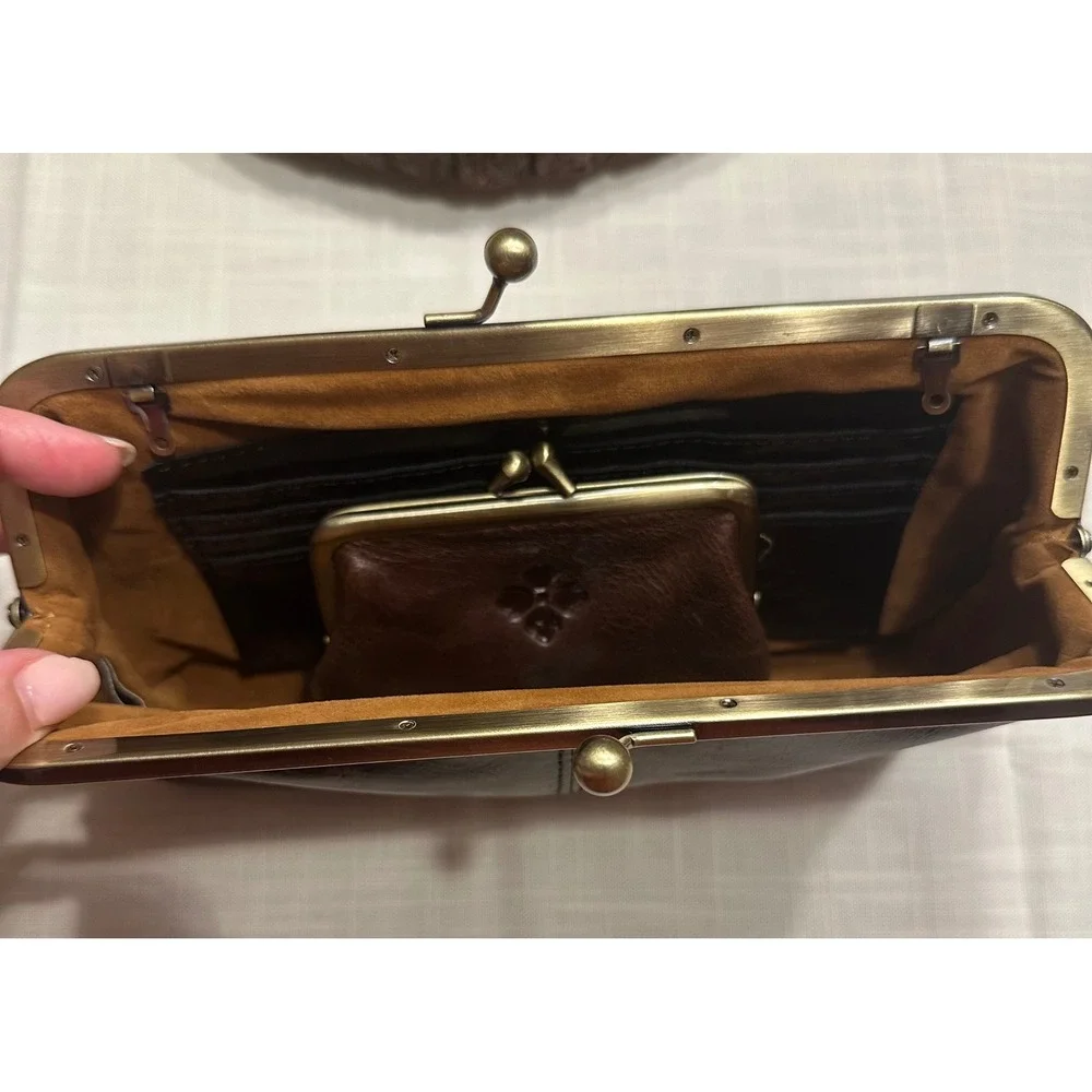 Patricia Nash Brown Leather Frame Clutch and Horse Coin Purse Set Kiss Lock